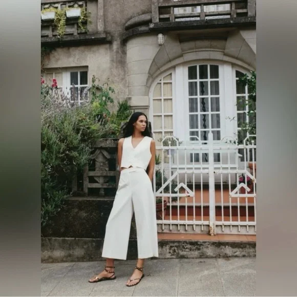 Zara Tailored White Cropped Pant Oyster White - Size S - Picture 2 of 4